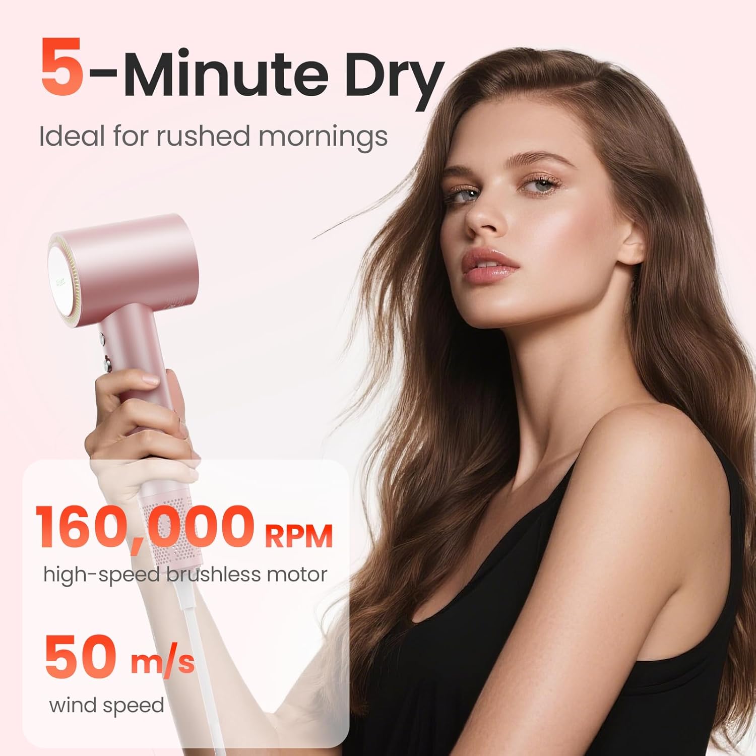 Pink Lightweight High-Speed Ionic Hair Dryer 160,000 RPM with Magnetic Diffuser Nozzle - Image 2