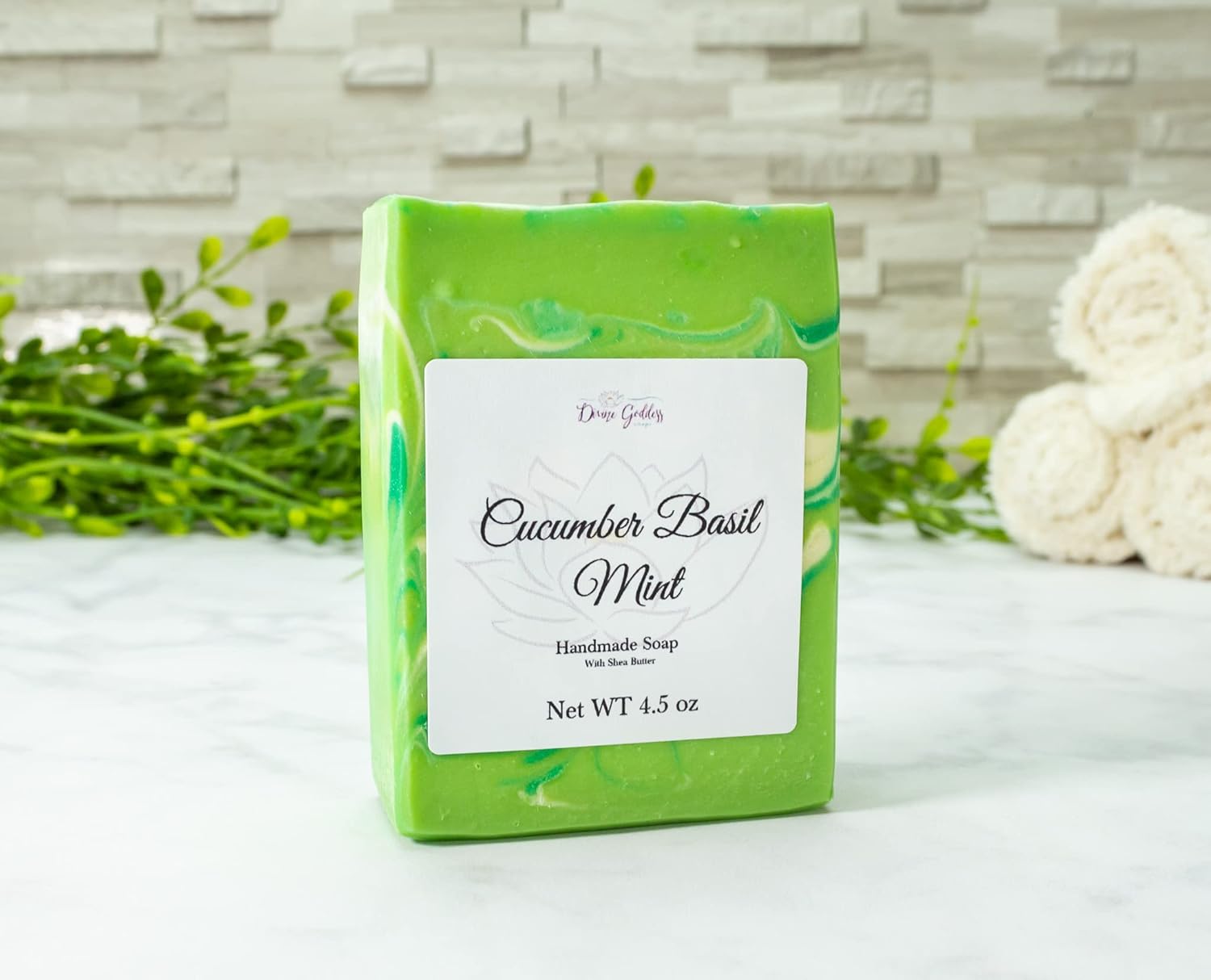Cucumber Basil Mint Fresh Scented Handmade Artisan Soap Bar for Women, 4 oz, Cold Process Body and Bath Soap - Image 2