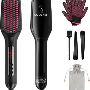 Ionic Hair Straightener Brush by COOLKESI, 30s Fast MCH Ceramic Heating Hair Straightening Brush with Anti Scald Feature, Auto-Off & Dual Voltage, Portable Frizz-Free Silky Electric Straightening Comb