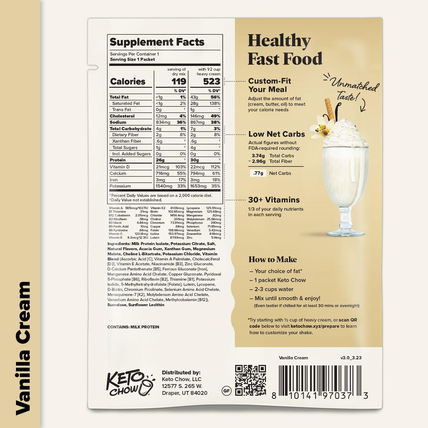 Keto Chow Vanilla Cream 16oz Nutritionally Complete Low Carb Dairy Free Meal Replacement Shake Powder - Image 9