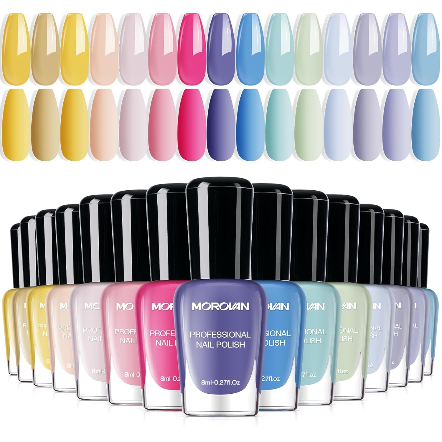 Morovan Pastel Nail Polish Set:Macaron Air Dry 15 Bright Colors 0.27oz Spring Summer Regular Fingernail Polish Bulk Nail Polish Kit Finger Nail Polish Gift Set for Women