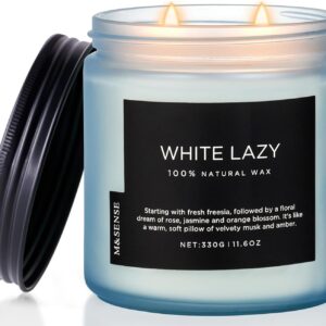 M&SENSE Jasmine & Clean Cotton Spring Scented Candle, 11.6oz Aromatherapy Gifts 2 Wick 70 Hours Long Lasting Burn, Natural Organic Soy Candle, Housewarming Gifts for Dad Mom Friends