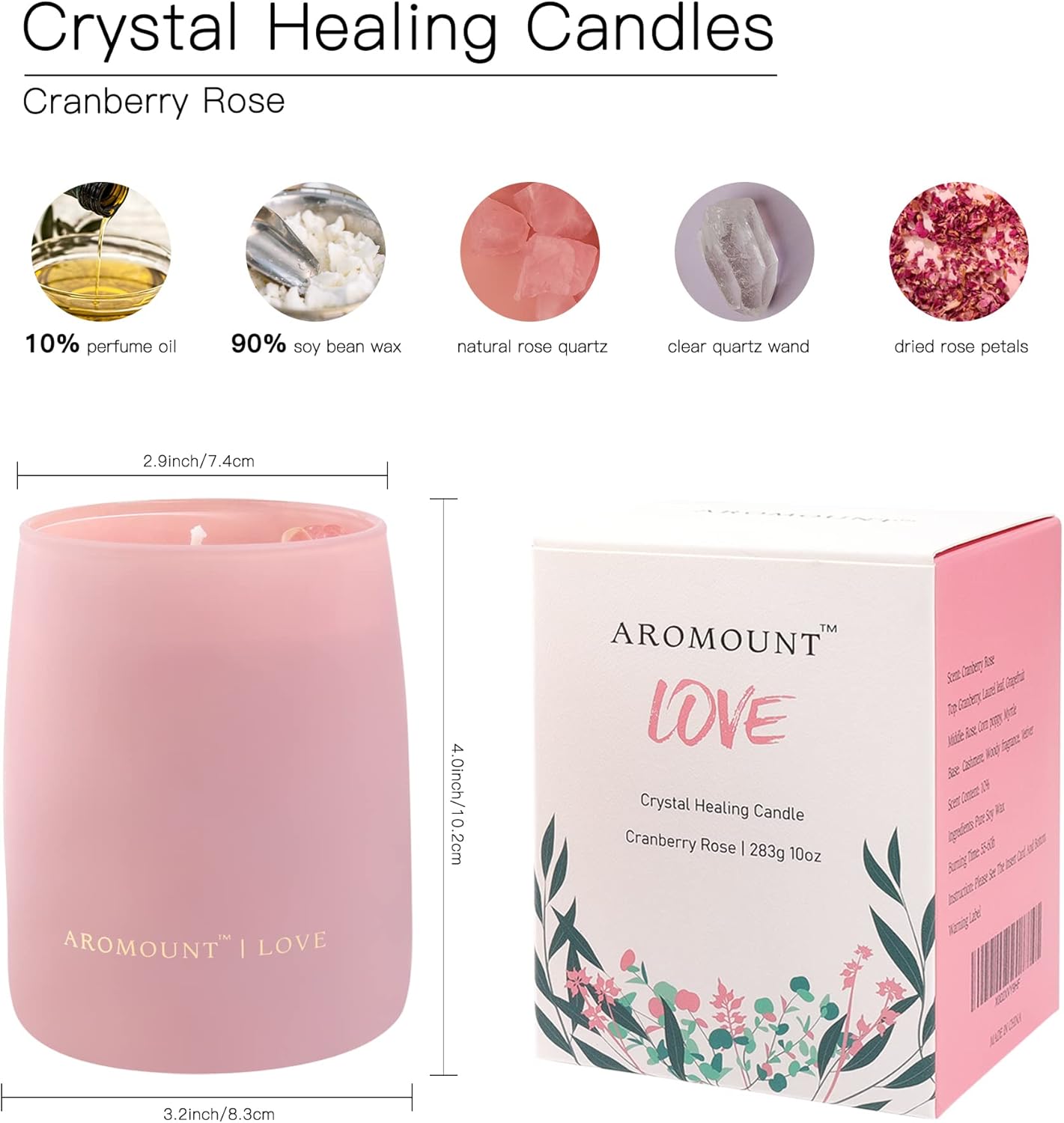 10oz Cranberry Rose Scented Soy Wax Candle with Rose Quartz Crystal 55 Hour Burn Time - Image 2