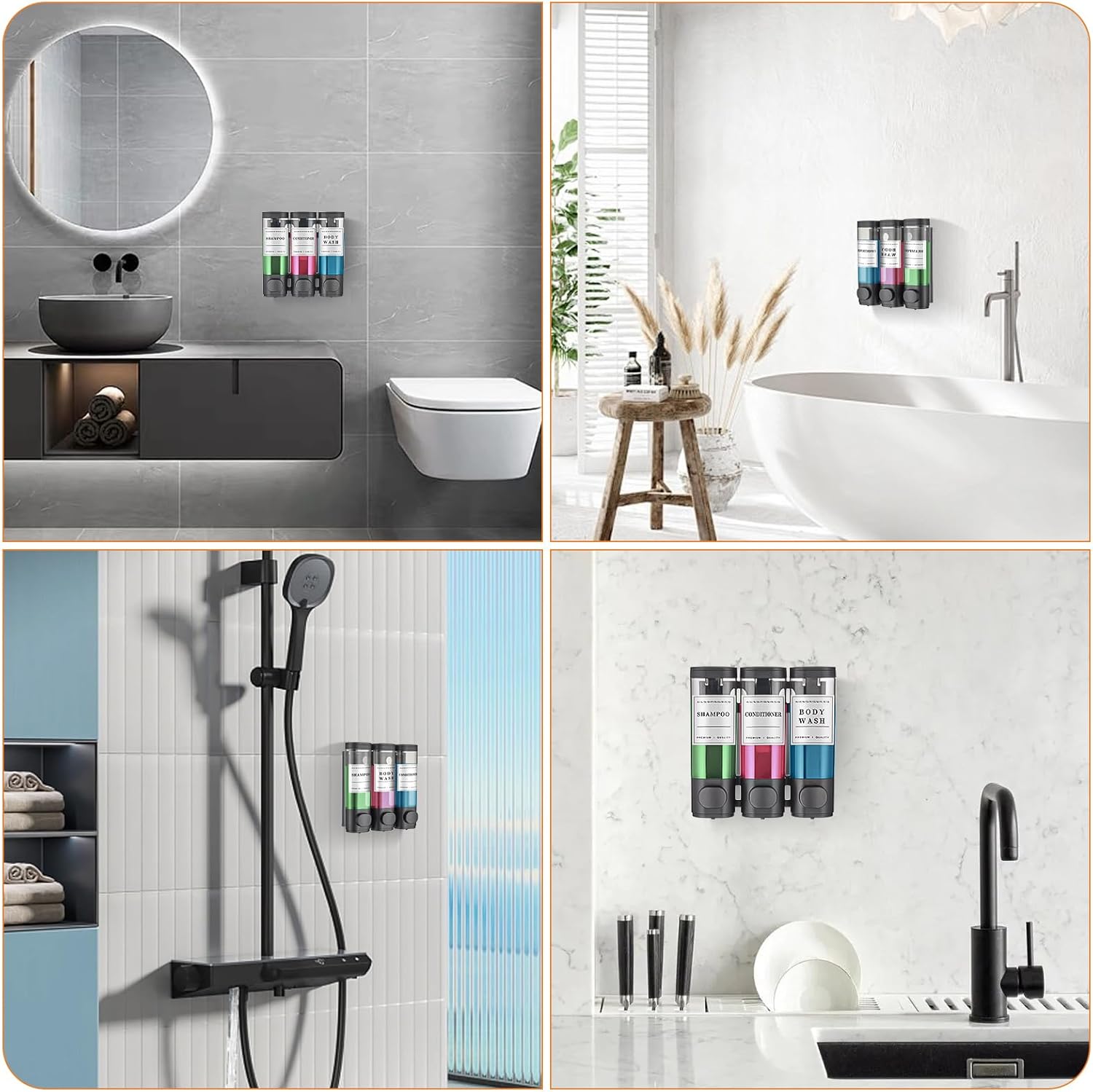 Matte Black 3-Chamber Wall-Mounted Shampoo Conditioner Dispenser for Shower - Image 2