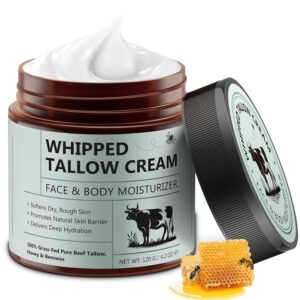 Beef Tallow for Skin, Tallow and Honey Balm (4.2 Oz), Tallow Face Moisturizer, Organic Grass Fed Whipped Beef Tallow with Honey Beeswax, Deeply Moisturizing for Face & Body, Unscented Fast Absorption