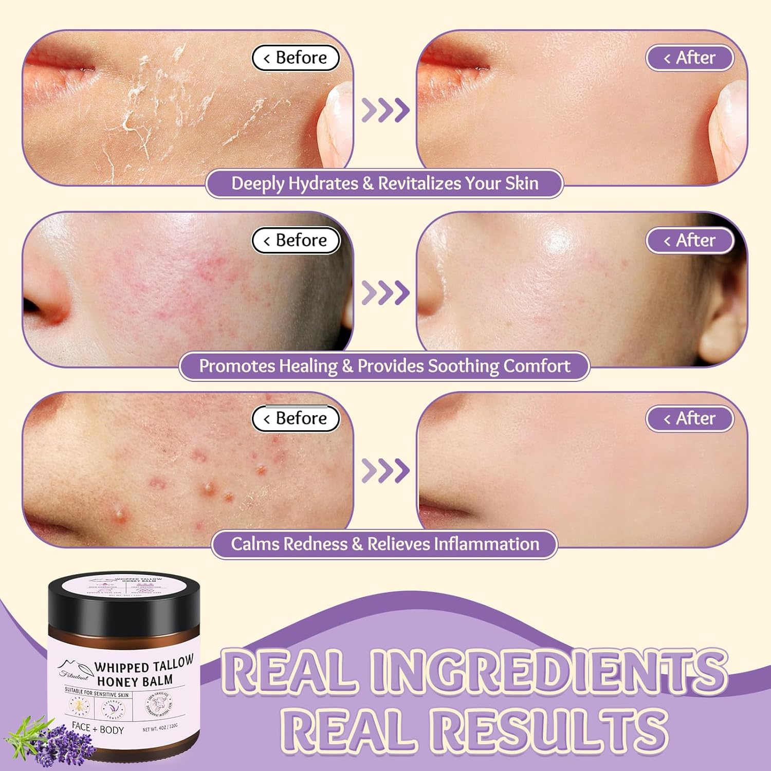 All Natural Lavender Beef Tallow and Honey Whipped Face and Body Moisturizer 4oz - Image 4