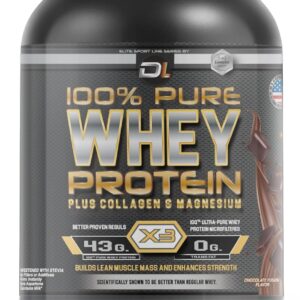 DL 100% Pure Whey Protein Powder + Collagen & Magnesium | 43g Protein - 8.7g BCAA - 0g Fat | Muscle Gain, Recovery & Nutrient Delivery | Immune Support | Quick & Easy Mixing Protein Powder | 2 lb