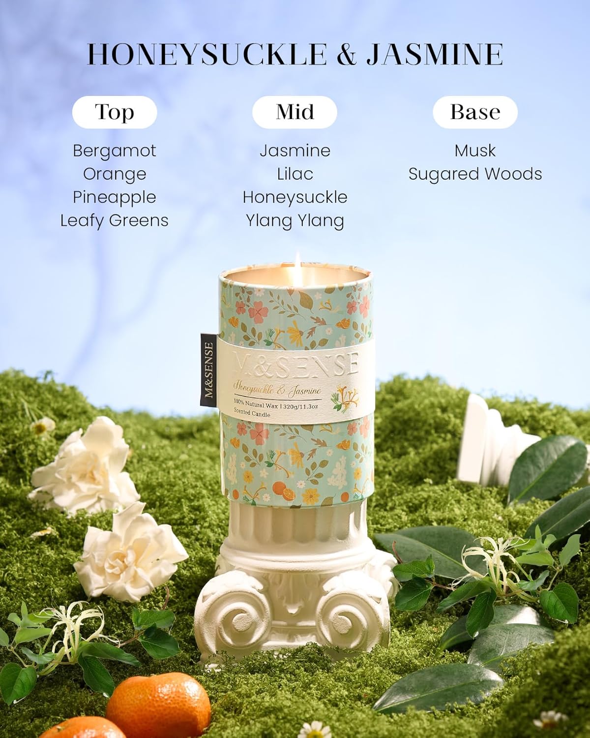 M&SENSE Honeysuckle Jasmine Scented Candle, Medium Jar Candle 11.3oz Natural Soy Wax for Home Scented, Floral Candles Gift for Spring Holiday, Up to 70 Hours Burning Long-Lasting Fragrance - Image 2