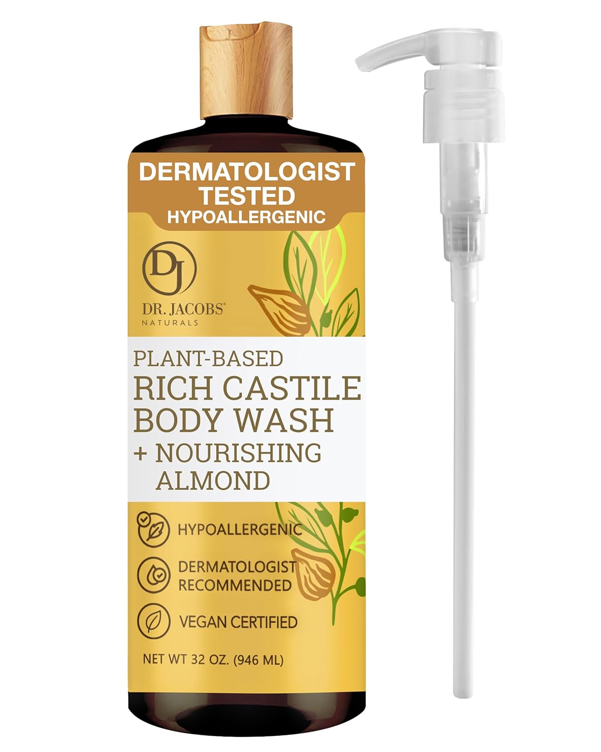 Dr. Jacobs Naturals Castile Almond All-Natural Body Wash for Moisturizing Dry and Sensitive Skin with Plant-Based Ingredients with Pump - 32 Ounce