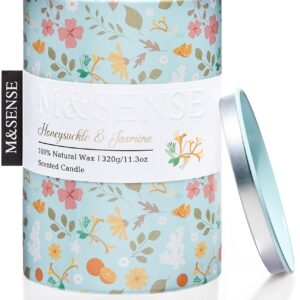 M&SENSE Honeysuckle Jasmine Scented Candle, Medium Jar Candle 11.3oz Natural Soy Wax for Home Scented, Floral Candles Gift for Spring Holiday, Up to 70 Hours Burning Long-Lasting Fragrance