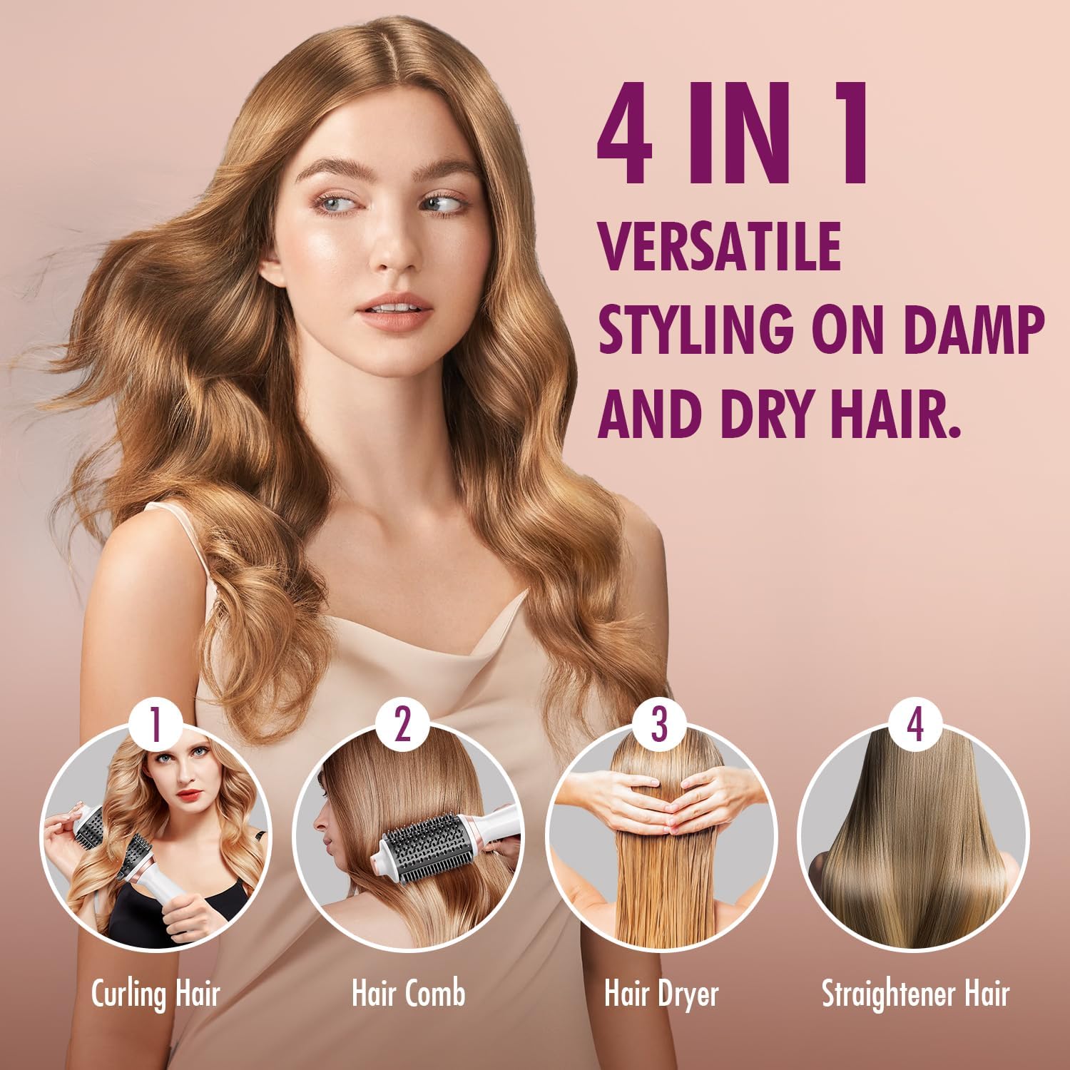 Blow Dryer Brush Hair Dryer Brush Smooth Heated Comb Dual Mode for All Hair Types, 4 in 1 Styler Volumizer, Professional Salon Hot Air Brush for Drying Straightening Curling Volumizing Hair - Image 2