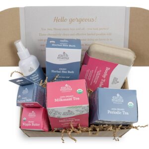 Earth Mama Postpartum Essentials Recovery Gift Set for Mom| Organic Self Care Gifts for Mom, Nipple Butter, Perineal Spray & Balm, Sitz Bath, Milkmaid & Periodic Tea and Booby Tubes, 7-Piece Set