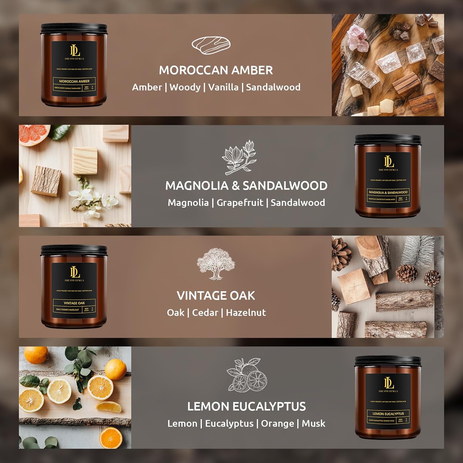 4 Pack Masculine Soy Scented Candles Set: Oak, Magnolia, Sandalwood, Moroccan Amber - Image 2