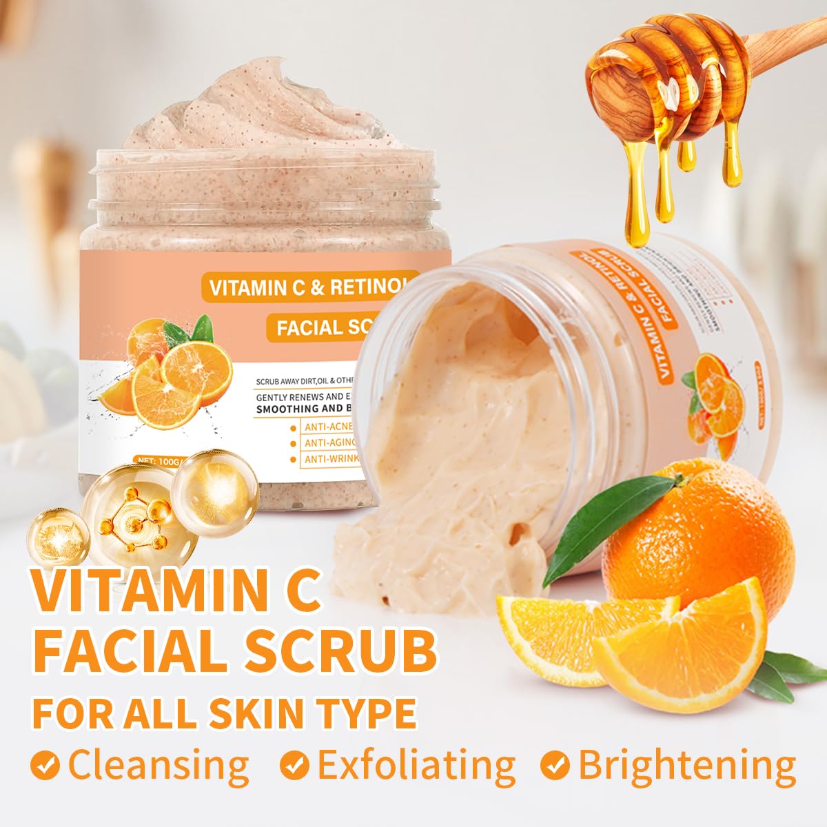 Gentle Vitamin C Retinol Aloe Vera Exfoliating Face Scrub, 6 oz Deep Cleansing Cream - Image 3