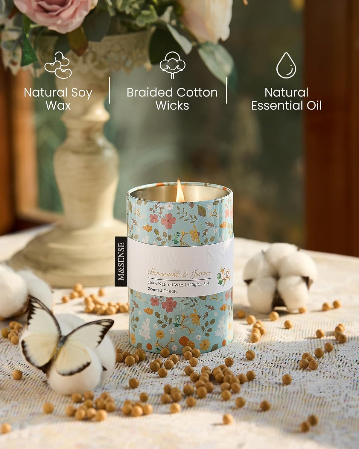 M&SENSE Honeysuckle Jasmine Scented Candle, Medium Jar Candle 11.3oz Natural Soy Wax for Home Scented, Floral Candles Gift for Spring Holiday, Up to 70 Hours Burning Long-Lasting Fragrance - Image 3