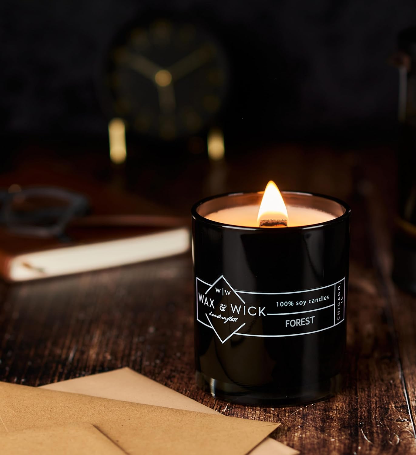 Wax and Wick 12oz Double Wood Wick Forest Scent Soy Candle Black Jar - Image 7