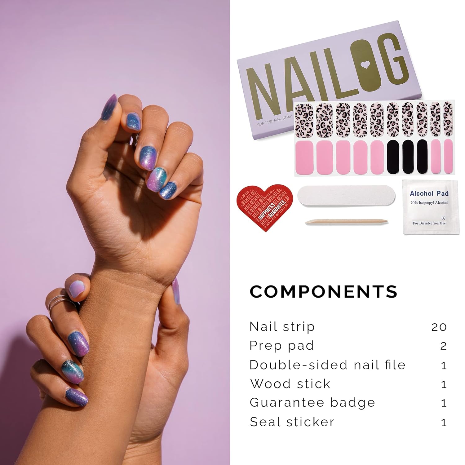 Semi Cured Gel Nail Strips, NAILOG 20pcs Long Lasting Nail Stickers Work with Any UV Light, Wraps with Glossy Gel Finishing for Women Girls Kids DIY Gift│Aurora - Image 6