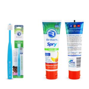 Brilliant Oral Care Bundle; Pack of 1 Child Toothbrush with Soft Bristles Round Head - Sky Blue & Kids Fluoride Free Toothpaste, Spry Gel with Xylitol, Strawberry Banana