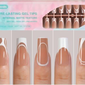 Misssix French Gel Nail Tips, 150Pcs French Tip Press on Nails Long Square Design, No Need to File Tips Pre-lasting, Fake Nails for Nail Art DIY 15 Sizes