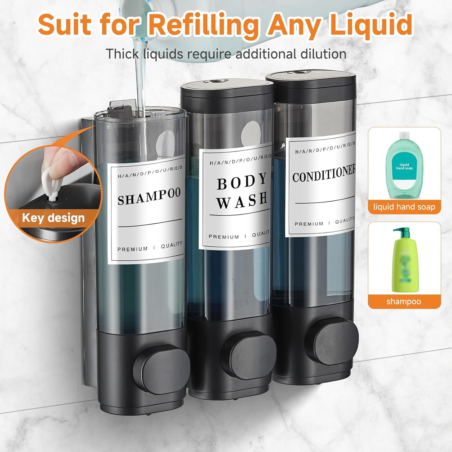 Matte Black 3-Chamber Wall-Mounted Shampoo Conditioner Dispenser for Shower - Image 5