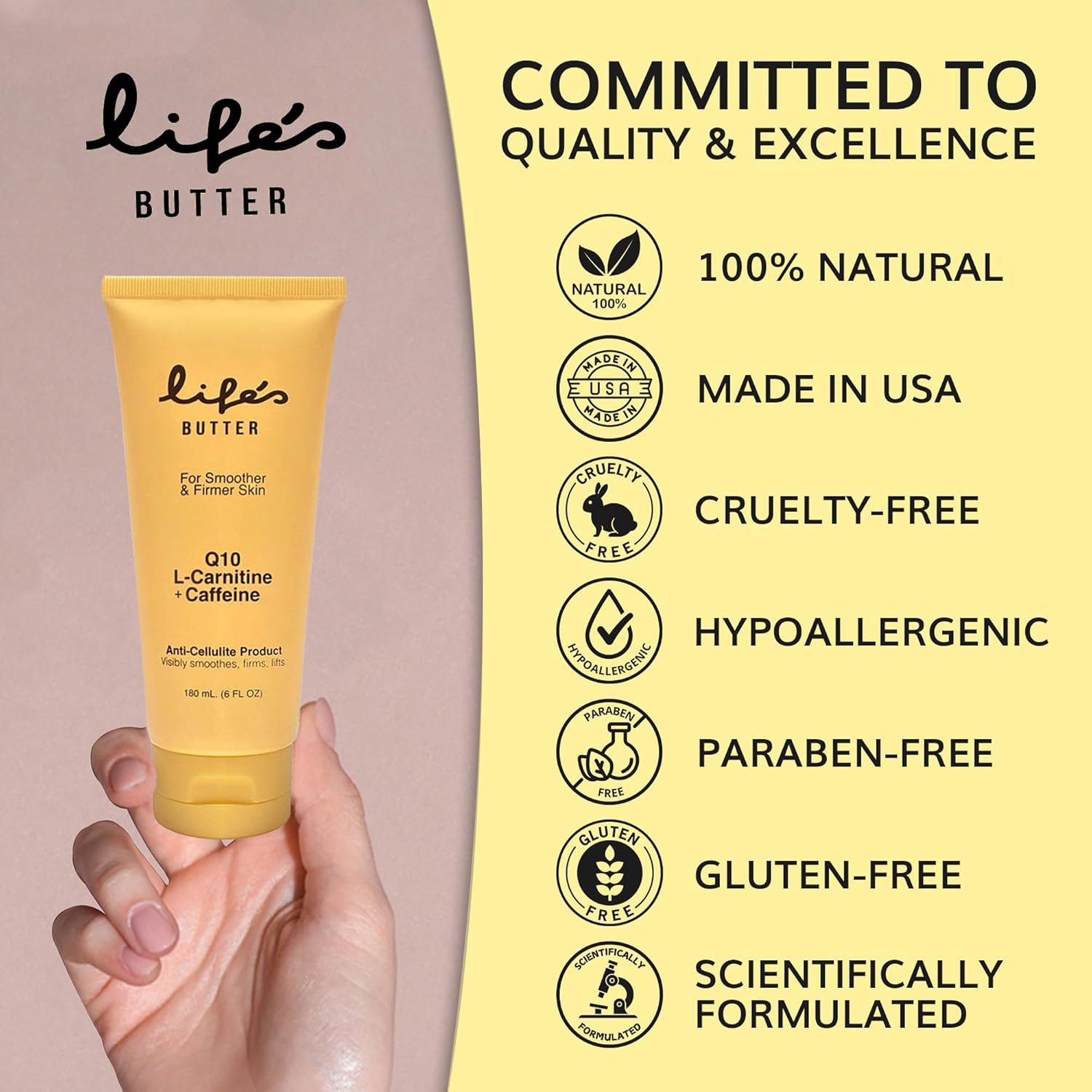 Life's Butter Anti-Cellulite Cream - 100% Natural - Made in USA - Cruelty-Free - Hypoallergenic - Best Cellulite Reduction - Skin Firming + Tightening for Women L-Carnitine + CoQ10 + Caffeine – 6oz - Image 7