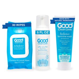 Good Clean Love Feminine Washes and Wipes Kit, Rebalance Wipes, Balance Wash, and Ultra Sensitive Foaming pH-Balanced Wash, Vaginal Care and Feminine Wash Kit, Reduces Vaginal Dryness and Odor