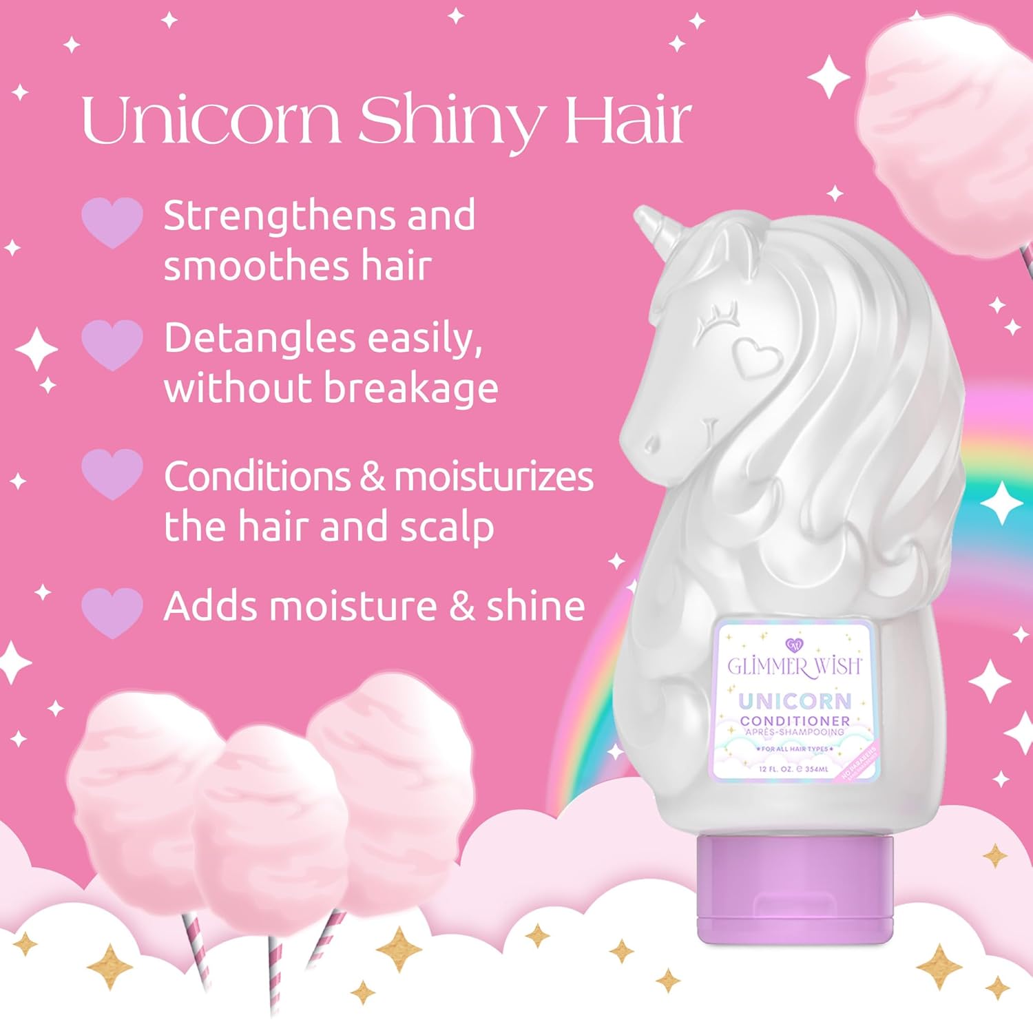 Glimmer Wish Unicorn Kids Paraben Sulfate Free Conditioner Cotton Candy Scent 12 Fl Oz - Image 3