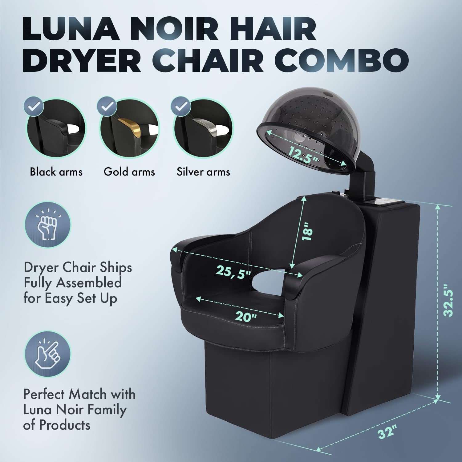 Buy-Rite Luna Noir Salon Styling Chair Combo with 980W Dryer, 60-Min Timer, Extra-Wide Seat, Assembled - Image 5