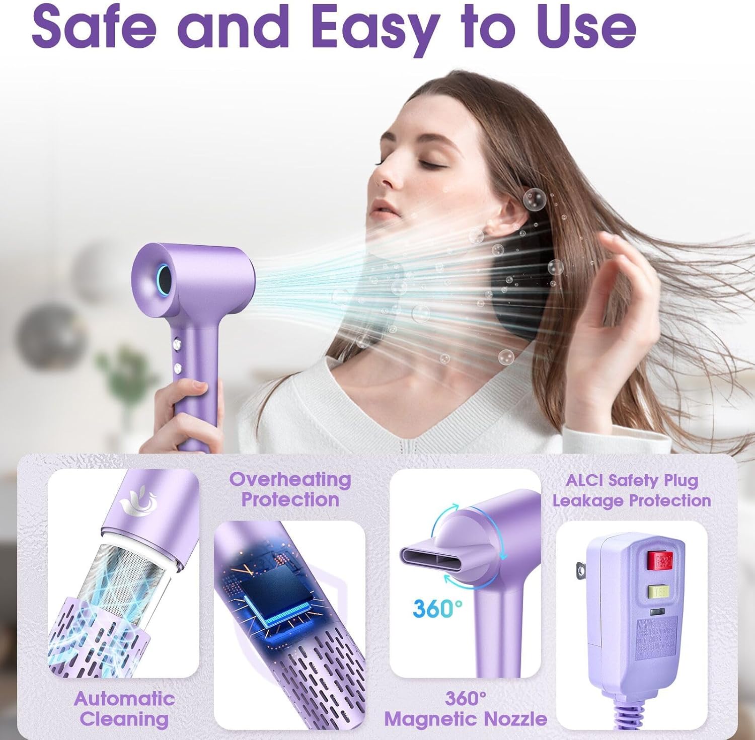 KARFUN Purple Ionic Hair Dryer 110000 RPM Brushless Motor Low Noise 3 Temps 2 Speeds - Image 4