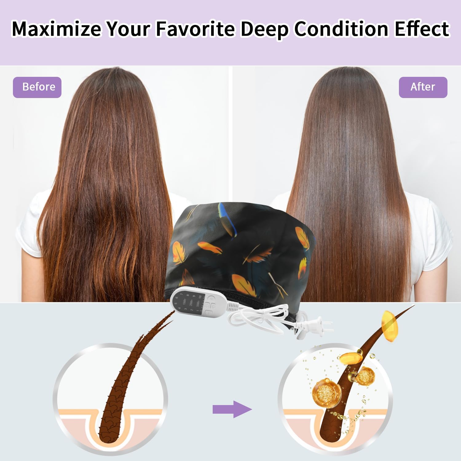 Portable Hair Steamer Cap Black Feather 10 Temp Settings 110V Electric Heating Hat - Image 2