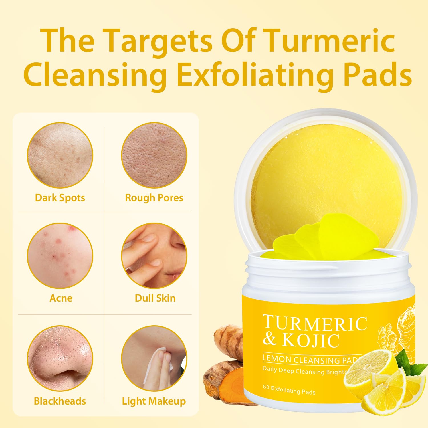 Turmeric Kojic Lemon Exfoliating Cleansing Pads 50 Count for Radiant Skin - Image 3