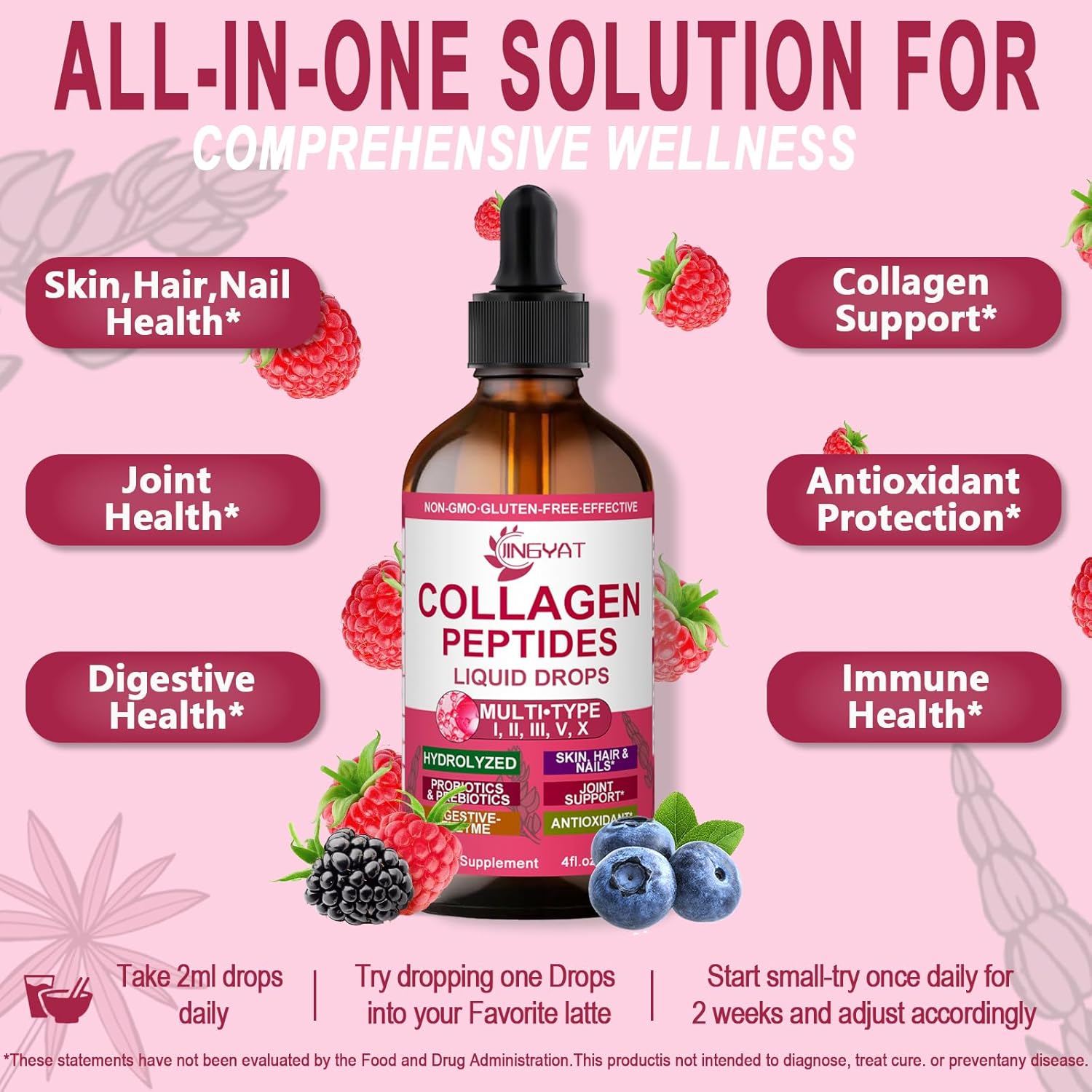 Collagen Peptides Liquid Drops, Multi Collagen Peptides for Women w/ Glucosamine Chondroitin MSM Biotin, Hydrolyzed Collagen Peptides Supports Skin Hair Nail Joints Bones Gut Health, 60 Servings - Image 2