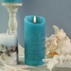 Blue Candles Battery Operated Flickering Flameless Pillar Candles with Remote and Timer (3" × 6") - Scalloped Edge, Real Wax, Unscented - Ideal for Costal Beach Decorations