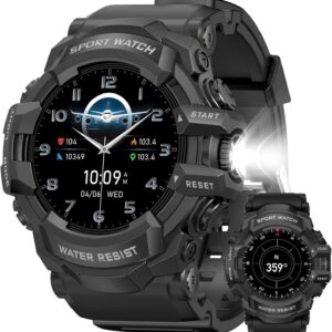 MIDDOW Military Smart Watch with Flashlight (Answer/Make Call) Compass, Heart Rate/Sleep/Sports Tracker, IP68 Waterproof, Long Battery Life, HD Screen, Android & iOS (Black)