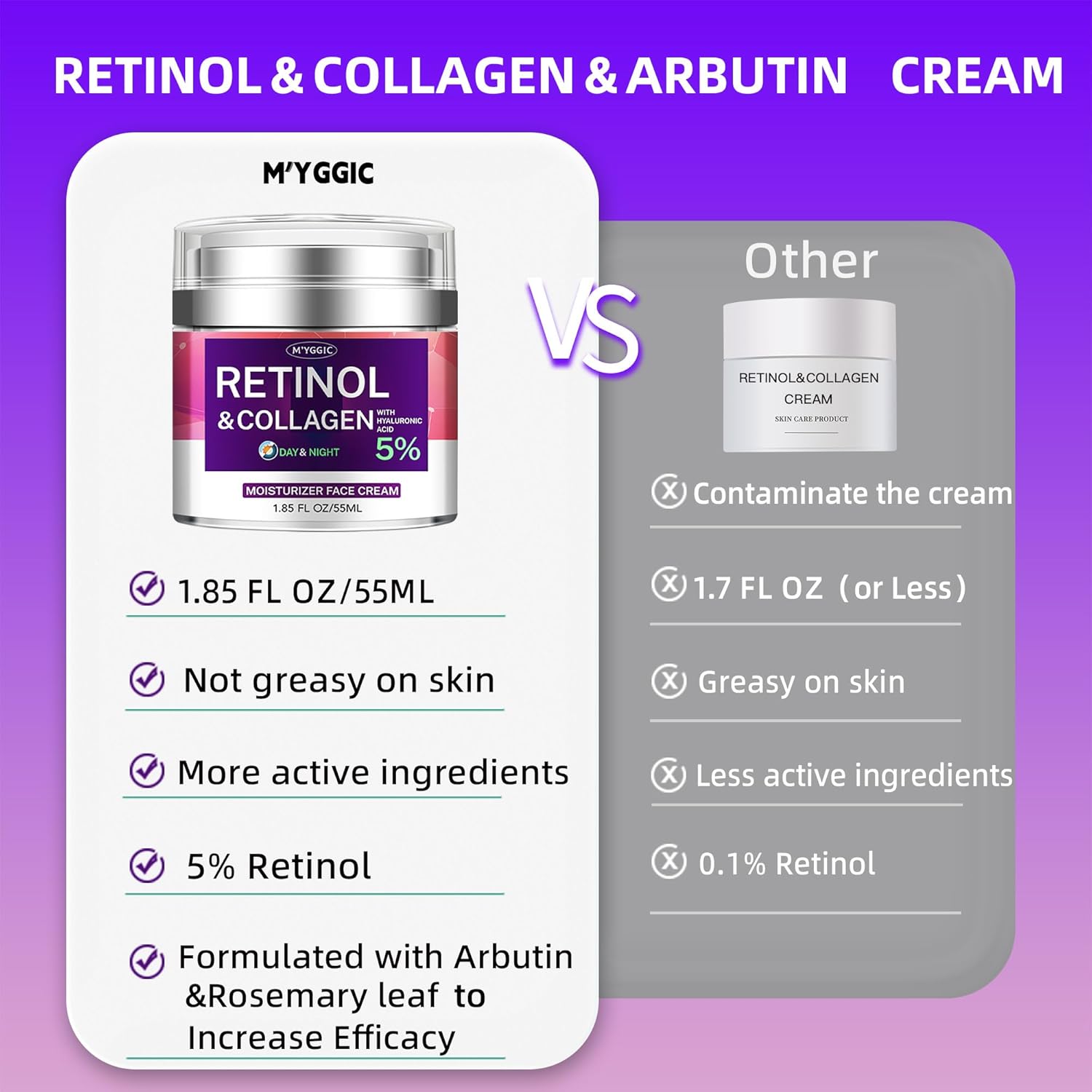 Hydrating Collagen Retinol Face and Neck Moisturizer Cream with Hyaluronic Acid Arbutin 1.85 Fl Oz - Image 5