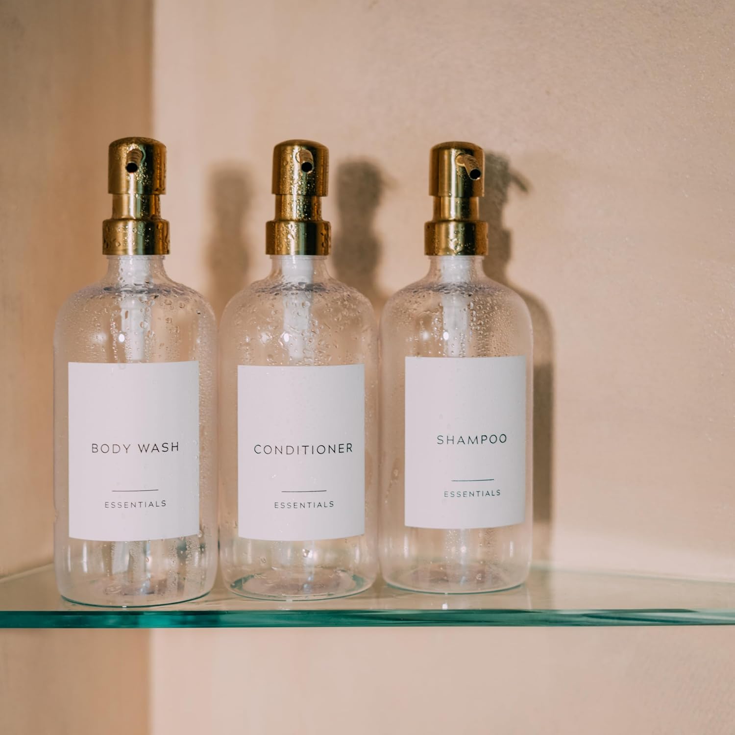 Modern Clear 21oz Shampoo and Conditioner Dispenser Set of 3 with Pumps and Labels for Bathroom Decor - Image 6