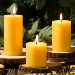 Beeswax Pillar Candles Set of 3,100% Pure Beeswax Candles, 87 Hour Burn Time Bees Wax Candles for Home, Prayer, Unscented, Dripless and Smokeless Organic Pillar Candles,2x2in,2x3in,1.89x4in