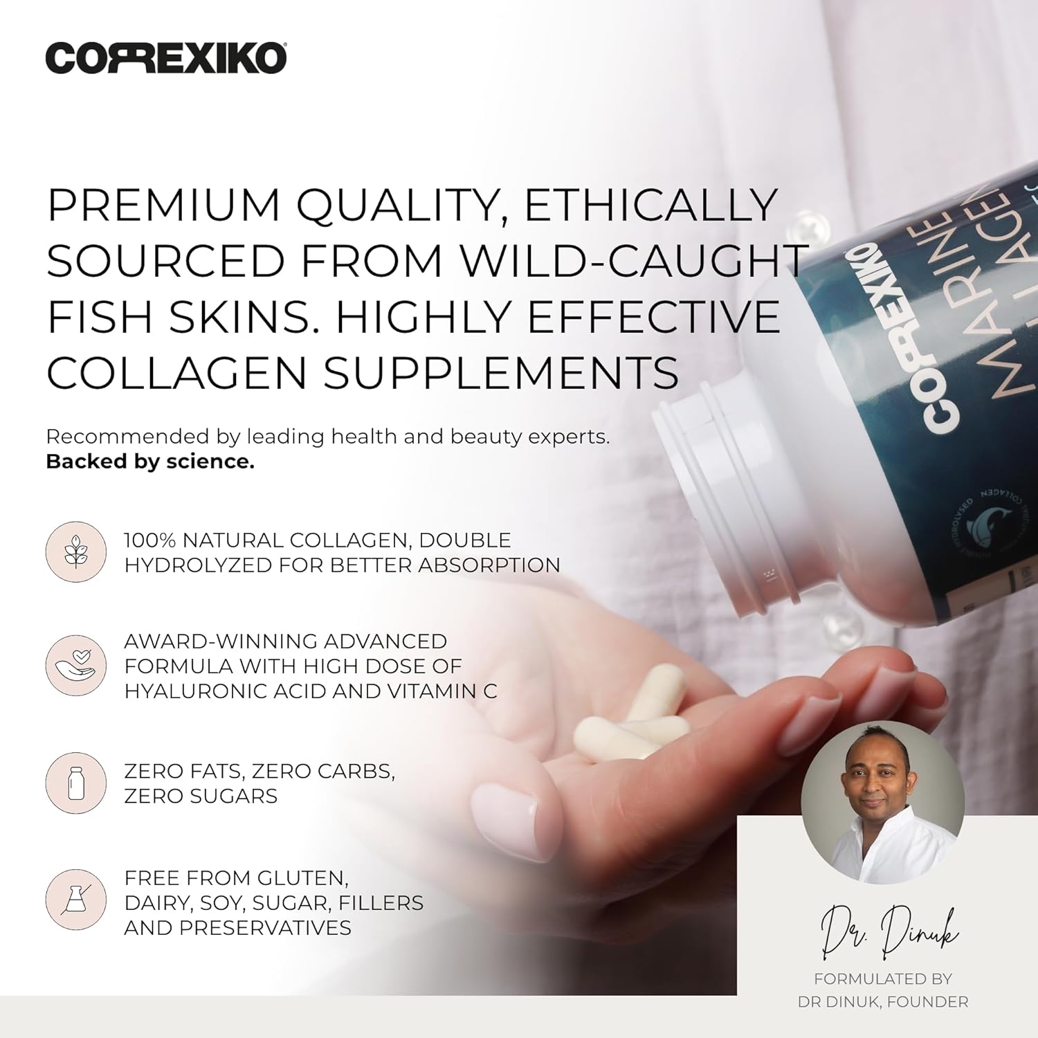 CORREXIKO Marine Collagen Supplement Pills - 1800mg Hydrolyzed Collagen Peptides per Serving with Added Hyaluronic Acid, Vitamin C & Minerals - for Hair, Skin & Nails - 120 Capsules 30 Day Supply - Image 3