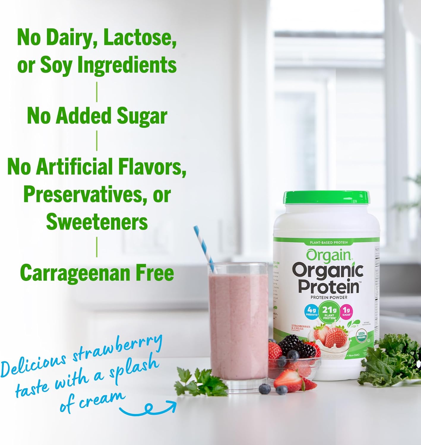 Orgain Organic Vegan Protein Powder Strawberries Cream 2.03 Lb 21g Protein Gluten Free No Sugar Added - Image 5