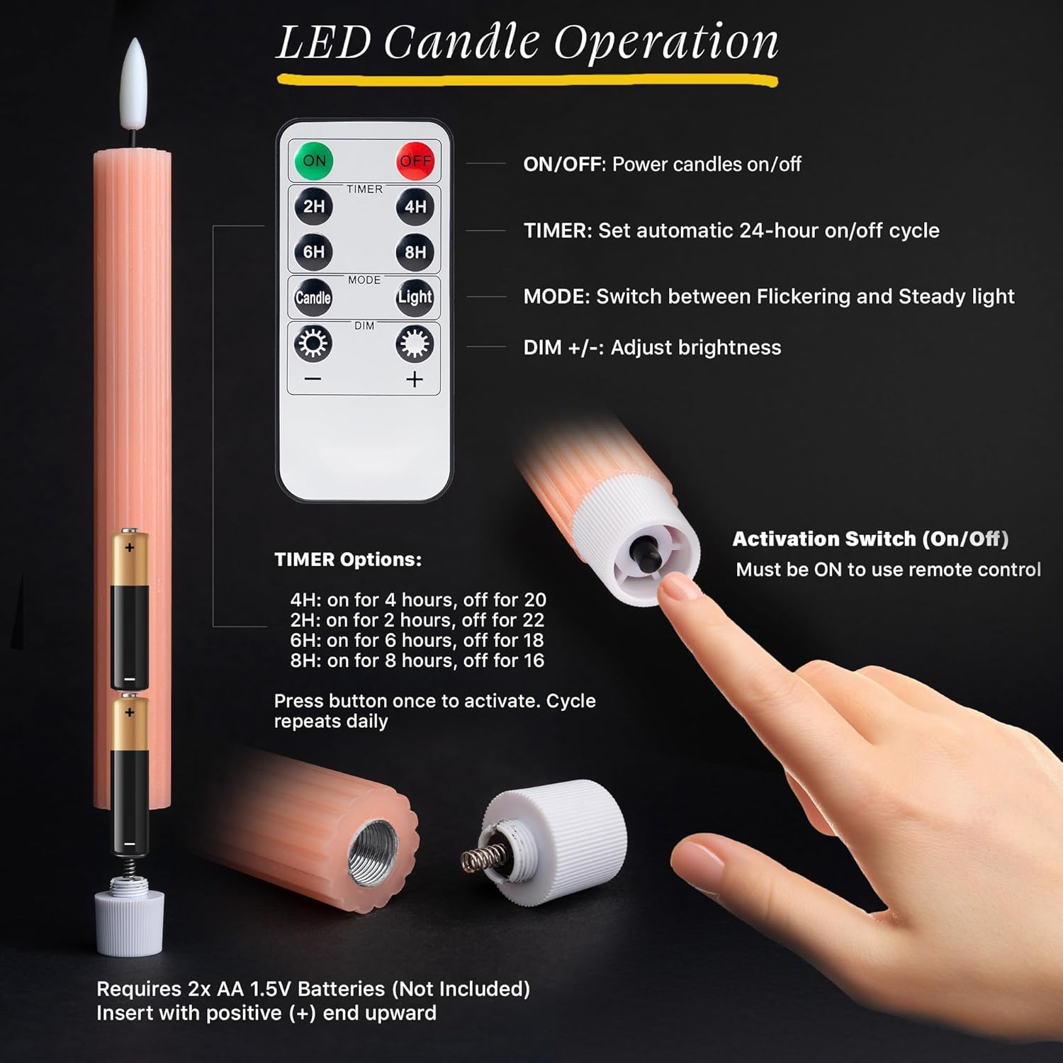 6 Pack 10 Inch Pink Peach LED Flameless Taper Candles with Remote Timer - Image 5