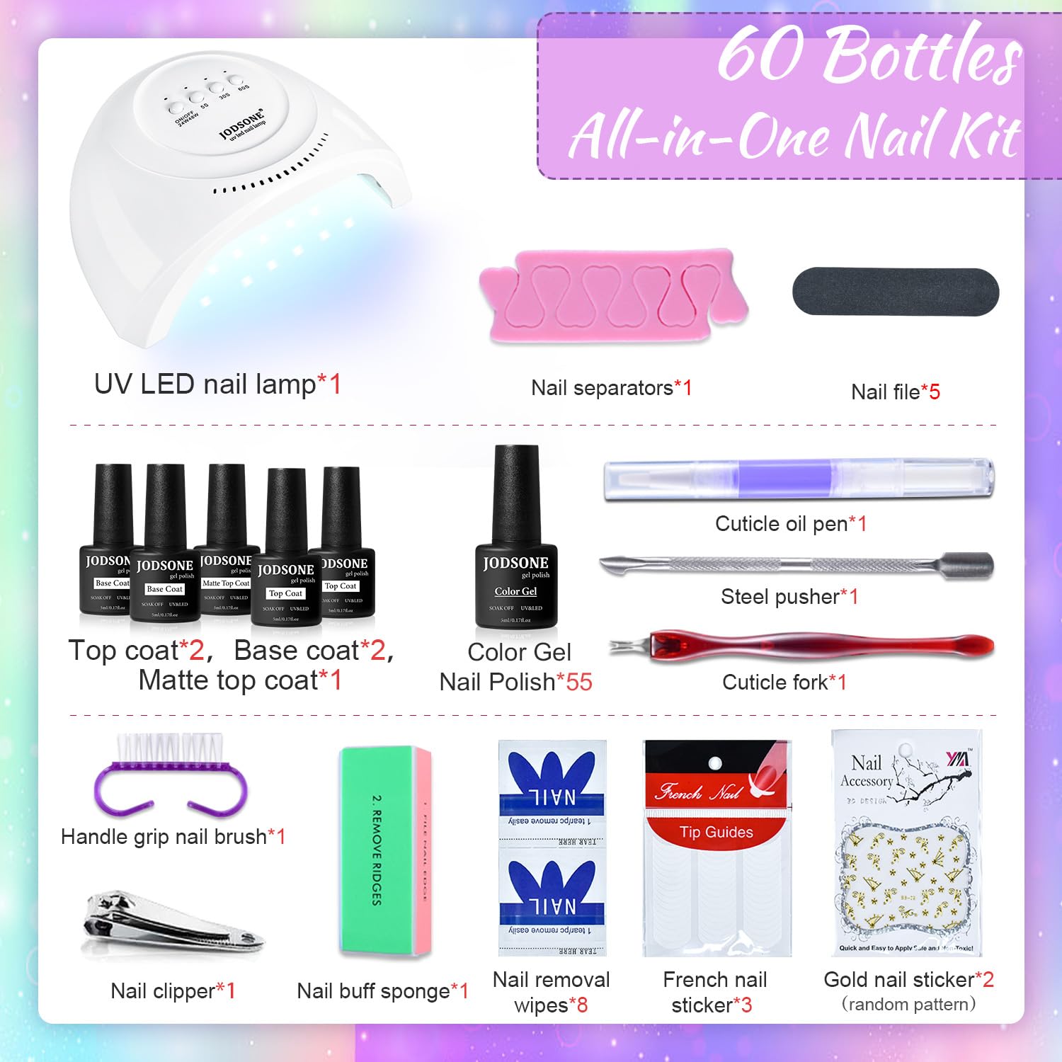 JODSONE 60 Piece Gel Nail Polish Starter Kit 55 Colors with UV Lamp Easy Application - Image 3