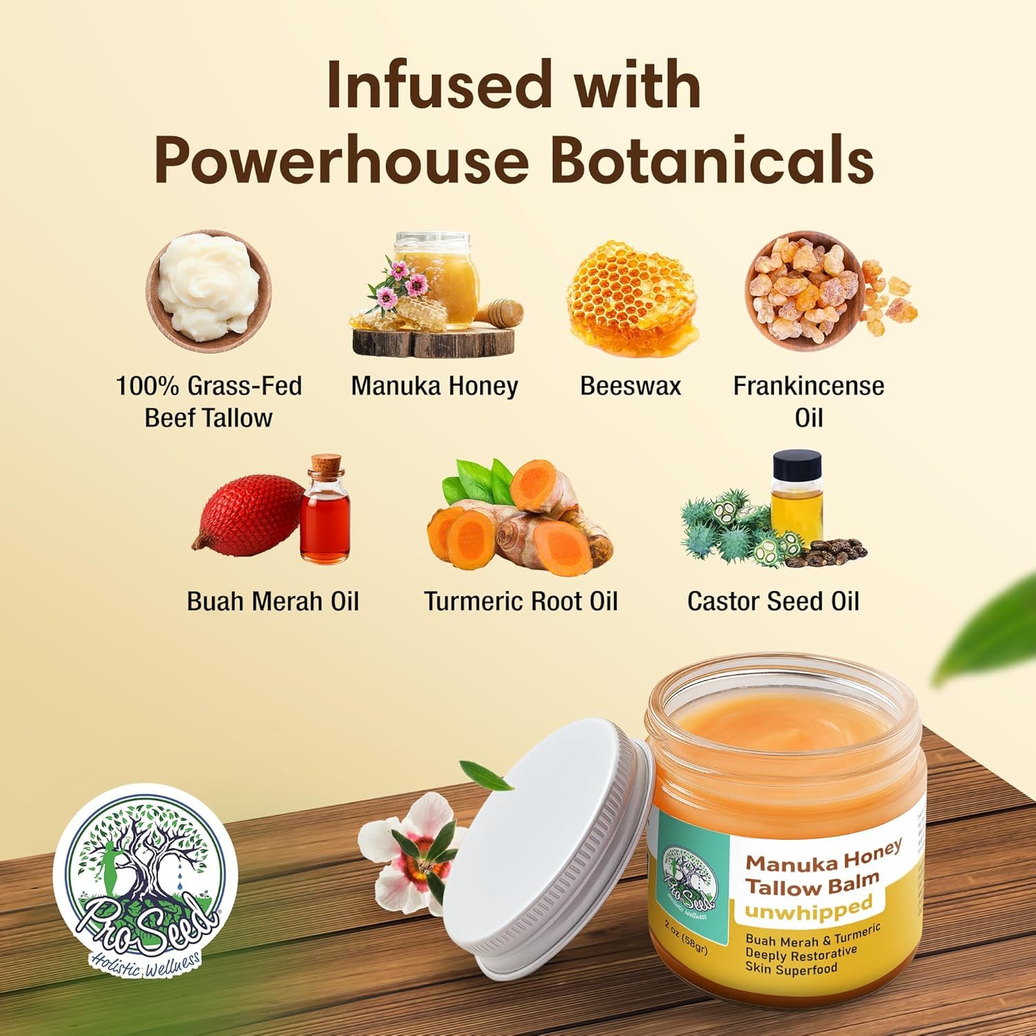 Handmade Grass-Fed Manuka Honey Tallow Balm 2oz Glass Jar for All Skin Types - Image 2