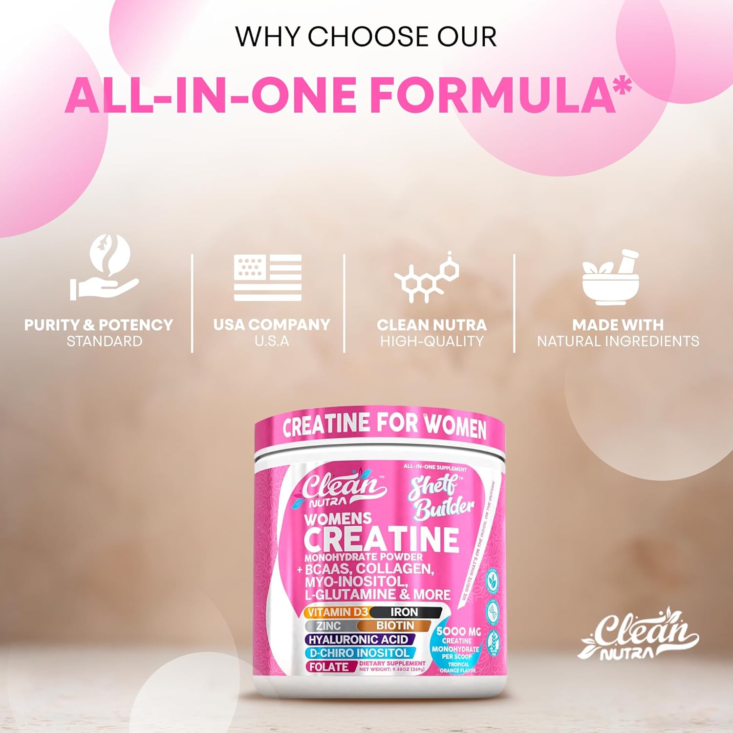 Creatine for Women | Creatine Monohydrate + BCAA Powder Myo-Inositol Collagen Biotin Hyaluronic Acid Folate L Glutamine Vitamin D3 Iron Zinc D-Chiro-Maca Digestion Shelf Builder by Clean Nutra - Image 9