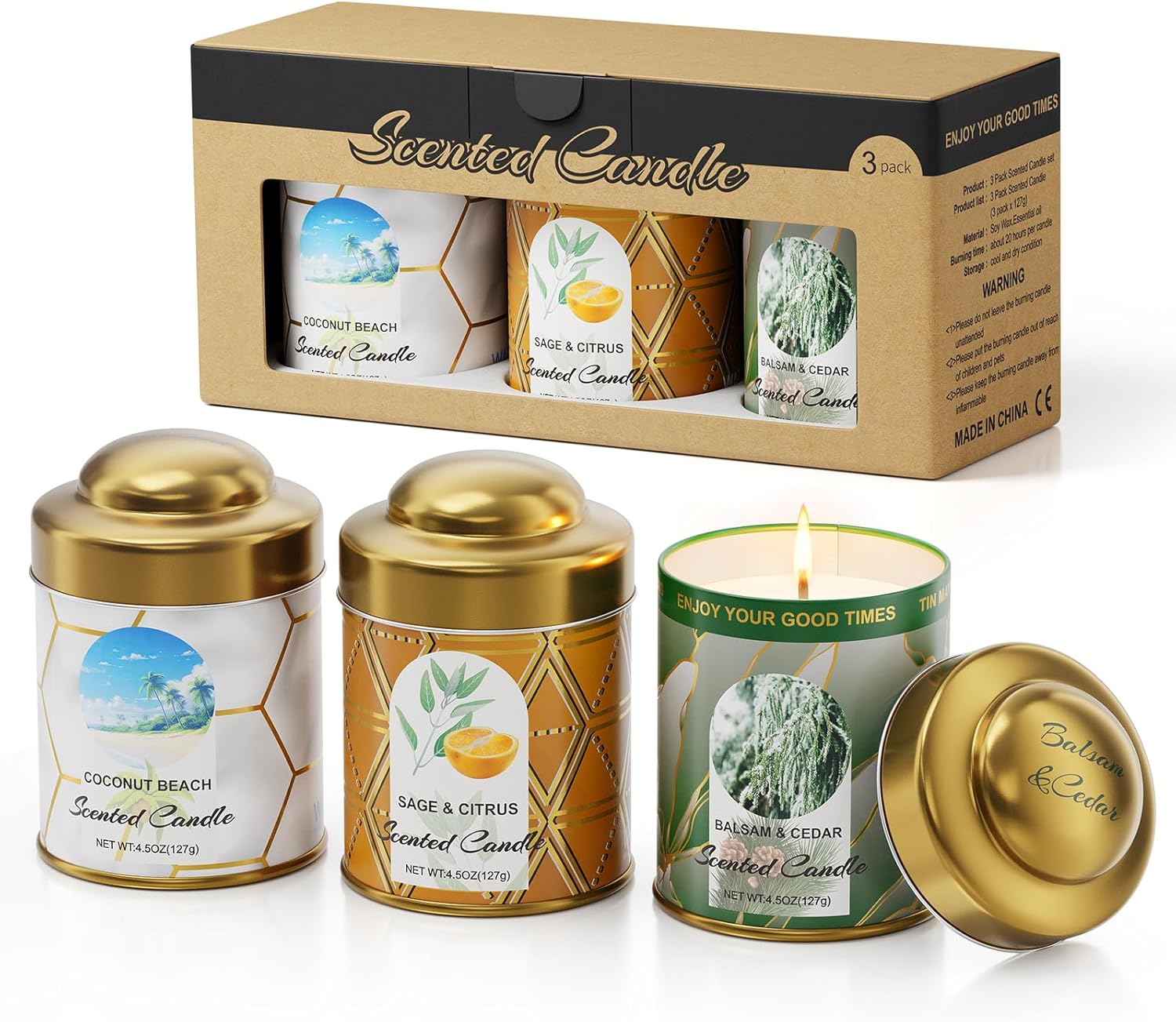 3-Pack Aromatherapy Candle Set - Balsam & Cedar, Sage & Citrus, Coconut & Beach Scented Candles | 4.5oz × 3 (13.5oz Total) | 75+ Hour Total Burn | Natural Soy Candles for Home, Gifts & Christmas