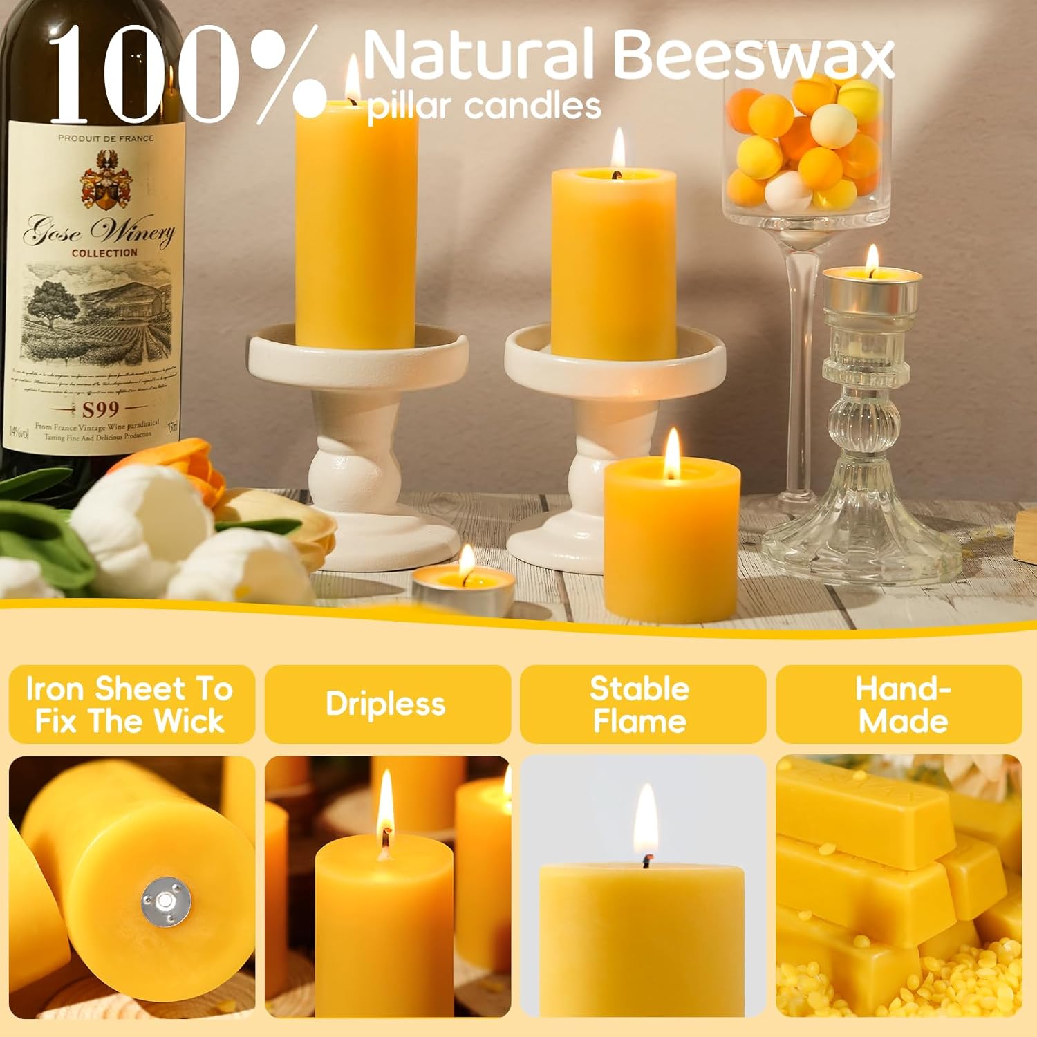Beeswax Pillar Candles Set of 3,100% Pure Beeswax Candles, 87 Hour Burn Time Bees Wax Candles for Home, Prayer, Unscented, Dripless and Smokeless Organic Pillar Candles,2x2in,2x3in,1.89x4in - Image 6