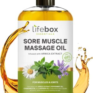 Arnica Sore Muscle Massage Oil – 100% Pure & Natural - Massage Therapy for Muscles & Joints – Body Oil Infused with Arnica Extract, Lavender Oil, Peppermint Oil & Chamomile Oil – 8 FL OZ