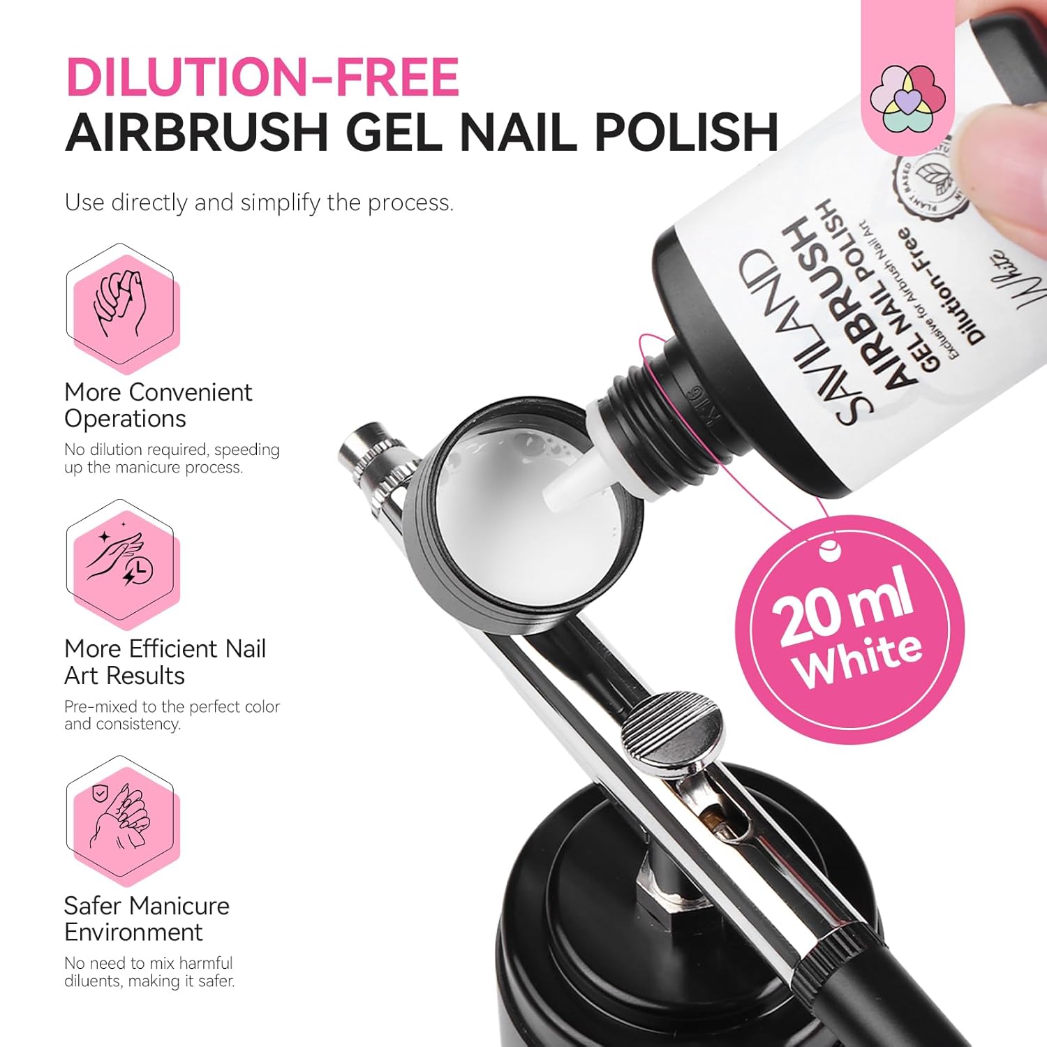 SAVILAND Plus Airbrush Gel Nail Polish Dilution-free: 20 ml No Clogging White Airbrush Nail Polish Non-toxic Nail Gel P olish for High Pigmented Colors Airbrush N ail Polish for Ombre French Nail - Image 2