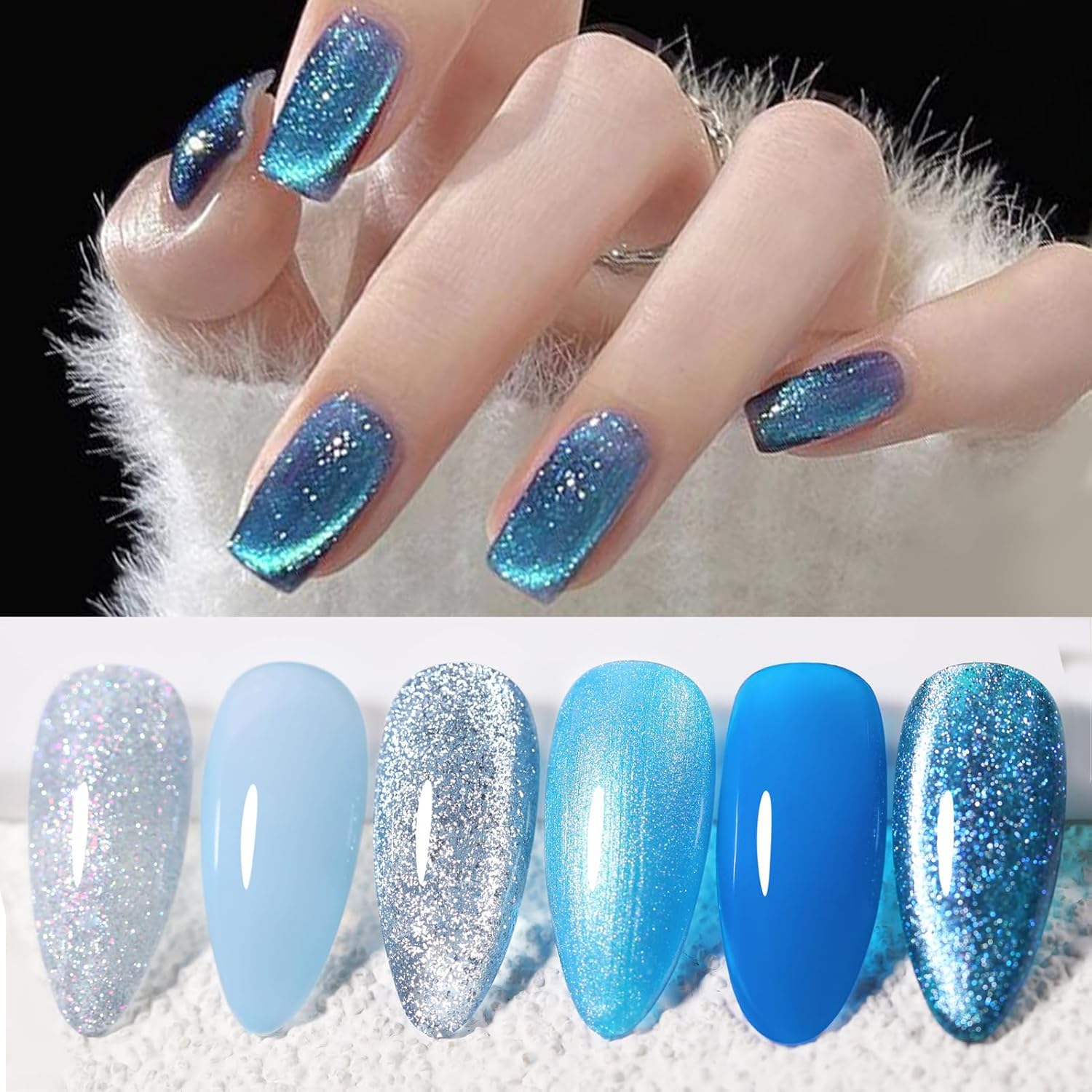 BORN PRETTY 4th of July Gel Nail Polish Blue Series,Jelly Transparent,Cat Magnetic Eye,Shimmer Glitter Holographic Blue Gel Polish Kit for Salon Manicure and Nail Art DIY at Home 6Colors - Image 4