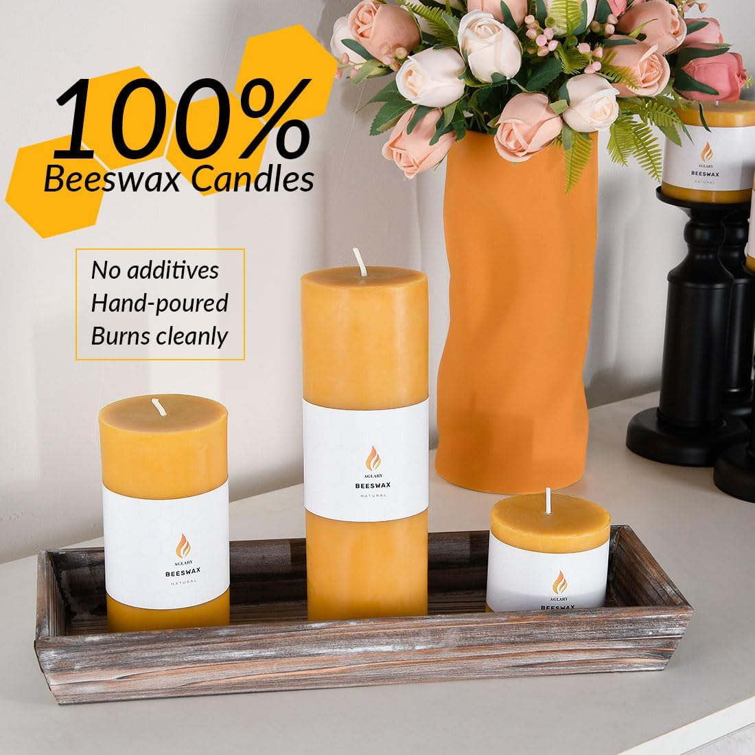 3"x 9" Large Beeswax Pillar Candle, Made of Pure Natural Beeswax, with Ultra Long Burning Time and Low Allergenicity-Raw,124H - Image 3