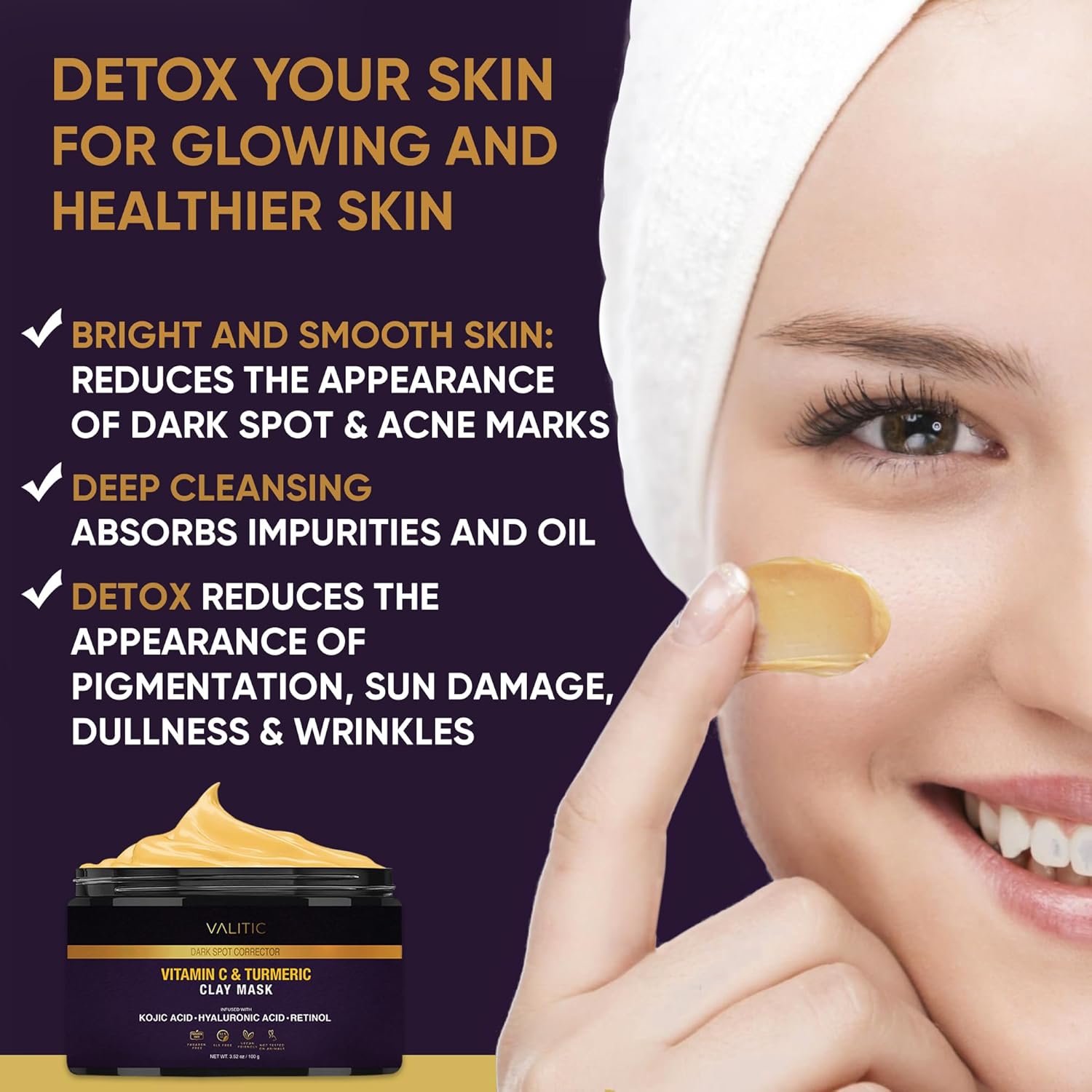 VALITIC Vitamin C & Turmeric Clay Mask - Dark Spot Corrector with Kojic Acid, Hyaluronic Acid & Retinol - Skin Care Routine for Minimizing Pores & Blackheads - with Applicator Brush - 100g - Image 3